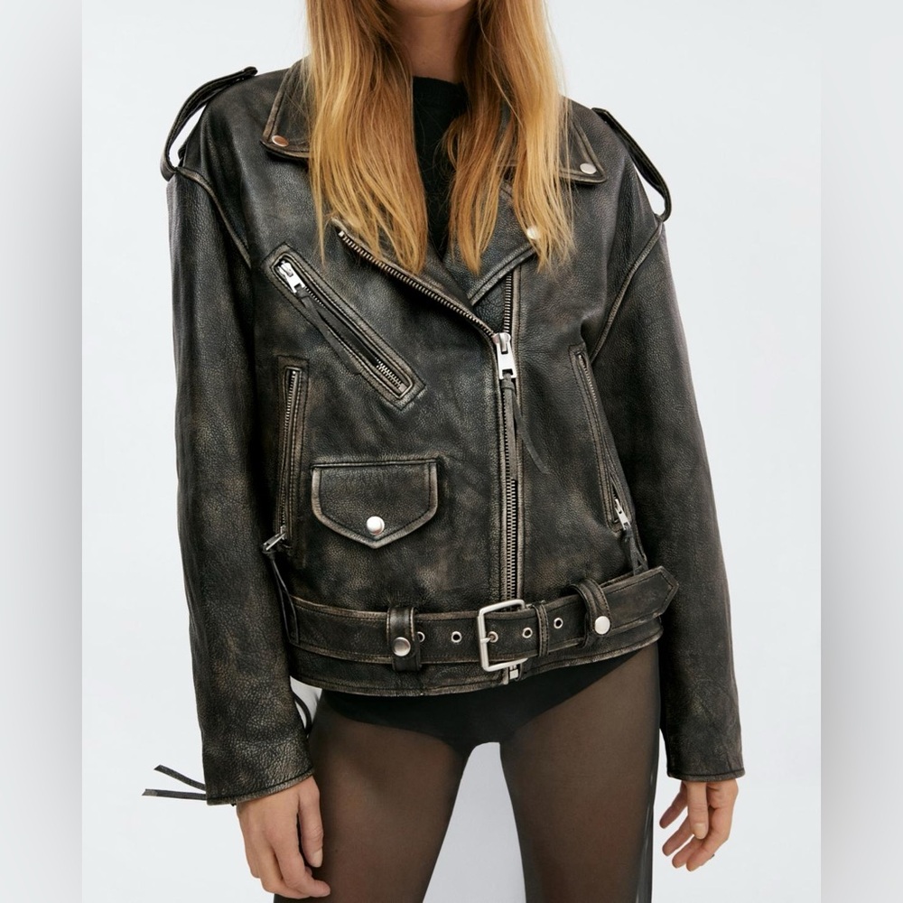 Mango Selection Black Distressed Oversized Leather Moto Jacket